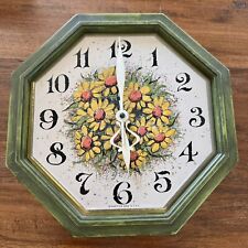 Vintage MCM Yellow Daisy Kitchen Wall Clock Spartus USA Battery Green picture