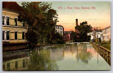 Neenah Wisconsin~River View~Buildings Reflected~c1910 Postcard picture