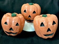 3 Vintage Small Paper Mache Pumpkins Jack O Lanterns Halloween 5” T picture