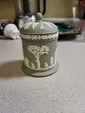 Vintage Wedgewood Green Jasperware Tobacco Jar W/ Lid Stamped Made In England. picture