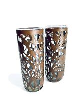 VTG Gorgeous Set of 2 Tall Drinking Glass 7”H W Etched Flowers Copper Holders picture