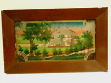 old painted reverse glass scene of house with picket fence (painting damaged) picture