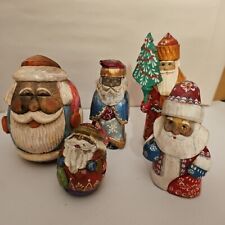 5 Vintage Hand Carved Russian Santas 1 Signed by Artist 1 Stamped READ picture