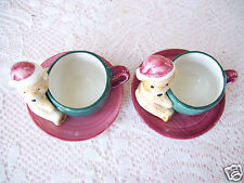 Vintage Pair 2 Bear Cup & Saucer Ceramic Candle Holder Sherwood Brands R.I. Inc  picture