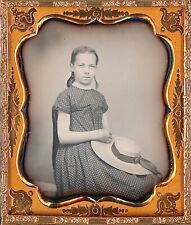 Pretty Girl Straw Hat Hair Ribbons Patterned Dress 1/6 Plate Daguerreotype T308 picture