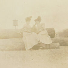Vintage RPPC Two Women sitting on Logs in Dresses c. early 1900's Real Photo  picture