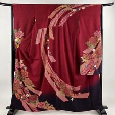 63.8inc Japanese Kimono SILK FURISODE Flowers Gold color Dark red picture