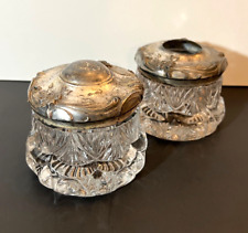 Antique Vintage Silver Plate & Heavy Crystal Vanity Jar & Hair Receiver 2 Pc Set picture