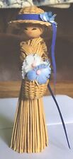 Vintage 1970s Straw Doll With Wooden Head And Base, Holding A Basket Of Flowers picture