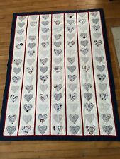 Handmade Machine Stitched Red White Blue Quilt with Lt. Blue Hearts - 45” X 68” picture