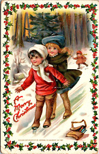 Tucks#521 Christmas Merry Boy Girl Slide Down Hill Ice Winter Clothing Woods picture