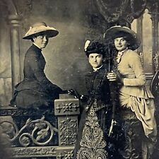 Antique Tintype Photograph Beautiful Fashionable Young Women Hats Teen Girls picture