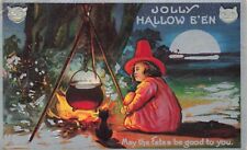 Vintage Halloween Little Girl Witch Cauldron Silver Moon Black Cat Postcard picture