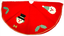 Vintage Felt Christmas Tree Skirt Red Applique Santa Snowman Gold Rick Rack 34