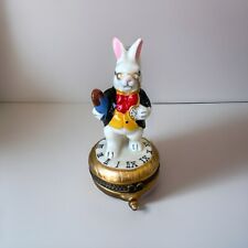 Vintage Alice in Wonderland Porcelain Trinket Box White Rabbit Clock Watch 3.75” picture