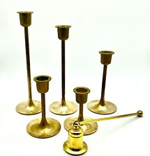5 Vintage Graduated Decorative Brass Candlestick Holders. picture