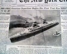 SS United States Atlantic Ocean Liner 1ST Trial Run Newport News 1952 Newspaper picture