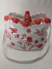 Vtg White Ceramic Porcelain Handbag Purse Planter Peachy Rose Floral Design picture