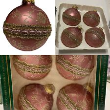 Vtg Christmas by Krebs Blush Pink Gold Glitter Glass Christmas Ornaments Boxof 4 picture