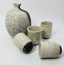 Japanese Style Sake Bottle Set Crackle Design Art pottery Decor 6” Signed picture