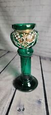 Antique Victorian Bohemian Hand Painted Enamel Hyacinth Bulb Green Glass Vase  picture