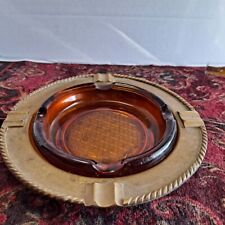 Vintage Mid Century Brass and Amber Glass Ashtray Set Round picture