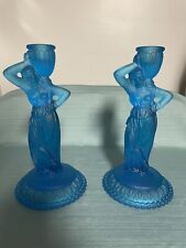 Vintage Fostoria Blue Satin Frosted Glass Greek Goddess Rebecca Candle Holders picture