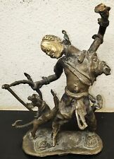 ANTIQUE BRONZE AFRICAN SCULPTURE HUNTER ARCHER W/ BOW & ARROW & HUNTING DOG tuvi picture