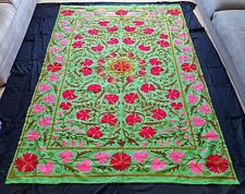 Handmade Green Suzani Embroidered Bedspread Uzbek Tapestry Wall Hanging 90 inch picture