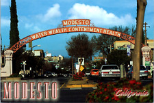 Modesto California c70's Downtown Historic Arch Buildings Cars Signs picture