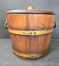 VTG - Mid Century Modern Wooden Ice Bucket w/Brass tone Ring Handles  picture