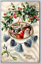 Christmas Santa Postcard Red Coat Toys Dolls Holly Blue Bells METAL PENNSYLVANIA picture