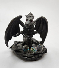 Vtg Pewter Dragon w/ Fauceted Crystal Eggs ~Signed 1984 Traumwelt by Crystallite picture