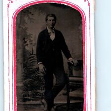 c1860s Handsome Young Man Tintype Photo Surprised Standing Border Case Soul H38 picture