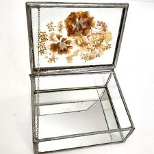 Vintage Pressed Botanical Flowers Glass Jewelry Trinket Box Mirror Bottom 4 x 3 picture