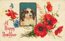 Postcard A Happy New Year Dog Flowers Greeting Embossed picture