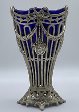 Vintage Godinger Silver Art Co. Ornate Metal Vase with Cobalt Blue Glass Insert picture