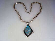 OLD NAVAJO STERLING SILVER BENCH BEAD NECKLACE w/ SPIDERWEBBED TURQUOISE PENDANT picture