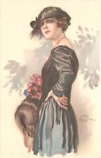 Italian Art Deco Fashion Postcard A/S Terzi, Beautiful Woman Black Day Dress Hat picture