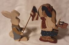Pair of Hand Painted Wood Patriotic Anamorphic Bunnies/Rabbits, Signed picture
