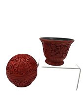 Vintage Chinese Cinnabar Ball Box & Matching Footed Bowl Hand Carved Red 3-piece picture