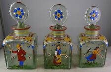 3 Stiegel Type Antique Glass Multicolored Enameled Square Bottles Figures picture