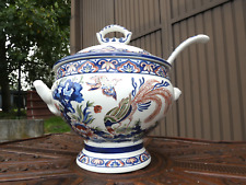 Vintage Belgian BOCH pottery Soup tureen polychrome decor birds picture