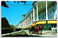 GREETINGS FROM CHEBOYGAN MICHIGAN GRAND HOTEL MACKINAC ISLAND 1955 POSTCARD picture