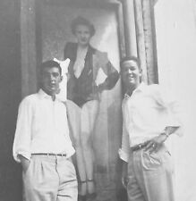 Vintage 1950s Photo Two Handsome Young Men Posing Beside Pinup Girl Poster picture