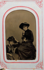 c1880/90s Tintype 2 Beautiful Women In Playful Pose W Large Victorian Hat D4211 picture