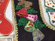 VTG Christmas Felt Sequin Beaded Victorian Black 3d Stocking Ornaments 8 Pc Lot picture