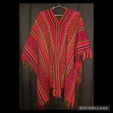 Peruvian Shamans Hooded Red/Multi Colored Poncho- Andean Mountain Textile picture
