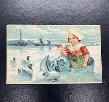 Postcard New Years Dutch Girl Sails Wooden Shoe Windmills Swimming Ducks Antique picture