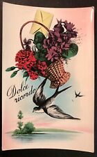 Antique Italian Postcard Dolce Ricordo “Sweet Memory” Flower Basket & Swallow picture